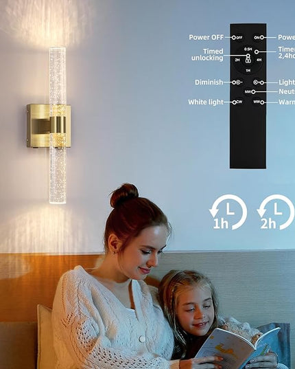 Battery Operated Crystal Wall Sconce 2-Pack Rechargeable Modern Vanity Light Fixtures, 3000K-6000K Dimmable Gold LED Wireless Wall Lights for Bathroom Bedroom Living Room Hallway