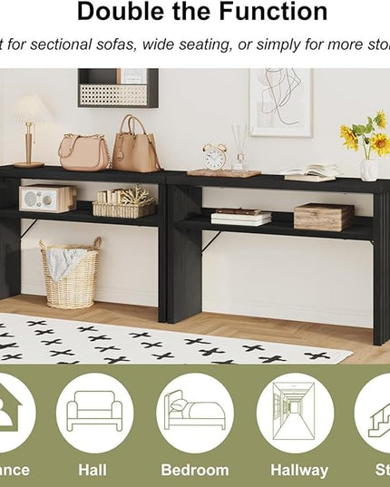 BON AUGURE Console Table with Storage, Black Entryway Table, Wooden Couch Tables Behind Sofa for Living Room, 2 Tier Front Door Entrance Tables (Black Oak, 47 Inches)