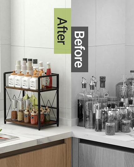 Aduanbang Coffee Bar Accessories Organizer, Seasoning Organizer, 2 Tier Wooden Kitchen Counter Shelf, Coffee Organizer Station for Countertop, Coffee Condiment Rack for Mugs, Cups, Cream, Syrup