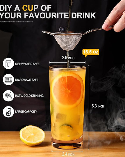 Drinking Water Glasses Set of 6, 16oz Highball Glasses, Lead-Free Crystal Glassware with Unique Wide Mouth, Thoughtful Gifts for House Warming, Birthdays, Everyday Life