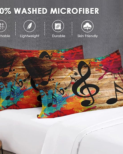 King Size Comforter Set with 2 Pillowcases, Musical Music Disco 3 Pcs Bedding for Kids and Adults, Black Retro Woodboard Soft Comforter Set for Bedroom Bed Decor
