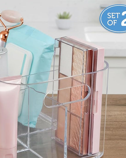 STORi Bliss 5-Compartment Plastic Cosmetics Storage Organizer, Set of 2 | Clear | Rectangular Divided Makeup Bin & Vanity Caddy with Pass-Through Handles | Round Corner Design | Made in USA