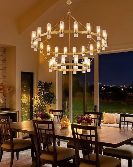 60 Inch Gold Wagon Wheel Chandelier with Glass Shade, 30 Lights, 2 Tier Round Modern Farmhouse Chandelier, High Ceilings Pendant Lighting Fixture for Dining Room, Living Room, Kitchen, Foyer