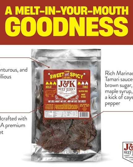 J&K Sweet and Spicy Beef Jerky - Hand Crafted Small Batch American Made Slab Beef Jerky - Bold & Flavorful Snack! - 7oz Big Bag