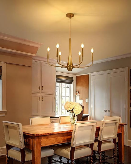6-Light Gold Farmhouse Chandeliers, Modern Mid Century Candle Pendant Light, Rustic Industrial Metal Hanging Fixture for Dining Room, Kitchen, Bedroom, Living Room, Foyer