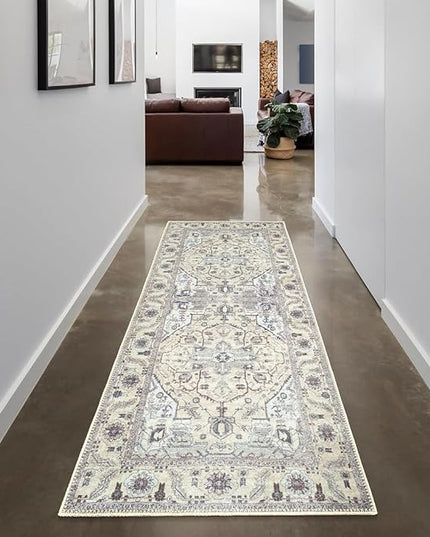 GLN Rugs Bohemian Collection - Machine Washable Area Rug, Bohemian Vintage, Non Slip, Low Pile Chenille Rug, Living Room, Bedroom, Bathroom Rug (2'6"x7' Beige and Gray)