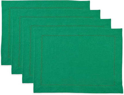 Solino Home Linen Cloth Placemats Set of 4-100% Pure Linen Hemstitch Emerald Green Placemats 14 x 19 Inch - Classic Hemstitch Table Place Mats for Christmas, New Year