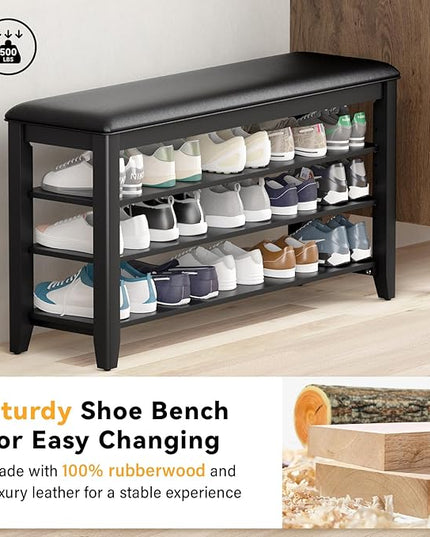 Shoe Rack Bench Entryway Storage with Leather Cushion, Shoe Organizer Bench for Entryway, Ideal for Front Doors Entrances Hallway Mudroom Featuring Rubberwood And 3 Height-Adjustable Removable Shelve