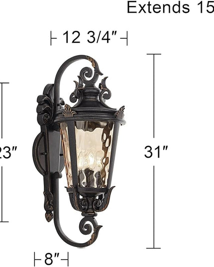 John Timberland Casa Marseille Vintage Outdoor Wall Light Fixture Veranda Bronze Scroll Frame 31" Champagne Hammered Glass for Exterior House Porch Patio Outside Deck Garage Yard Front Door