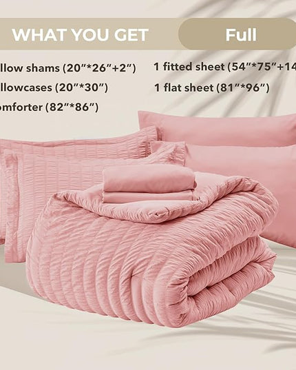 HYMOKEGE Rose Pink Full Size Comforter Sets Seersucker 7 Pieces, All Season Luxury Bed in a Bag for Bedroom, Bedding Set with Comforter, Sheets, Pillowcases & Shams