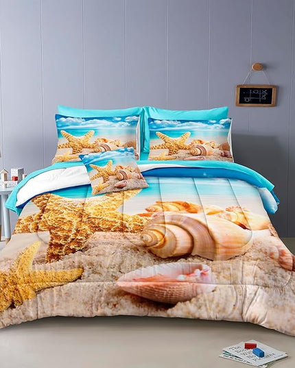 Bedbay Beach Comforter Set 8 Pieces Queen Size Coastal Bedding Queen Bed in a Bag Shell Starfish Beach Themed Bedding Set Soft Microfiber Ocean Comforter for All Season