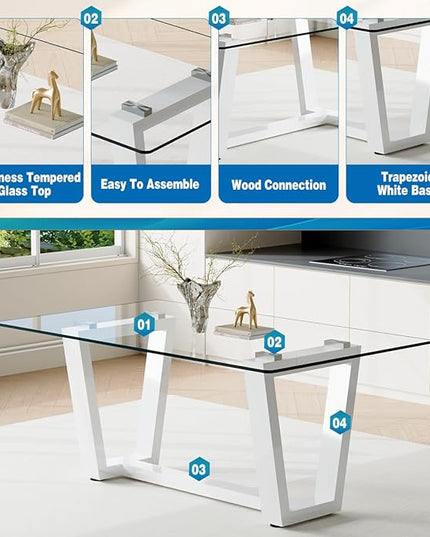 Ebullient Glass Dining Table Set for 4, Modern Dining Table Set for 4, Tempered Glass Tabletop with White MDF Trapezoid Legs, Rectangle Kitchen Table with 4 Faux Leather Chairs for Home, Apartment