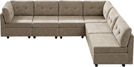 VANOMi 6 Seater Modular Cloud Sofa, 118" Convertible Sectional Cloud Sofas & Couches for Living Room, Comfy Chenille Sectional Couch Sofa for Living Room, Apartment, Office, Camel, L/U Shaped