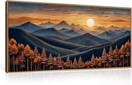 HOURIA Boho Wilderness Sunset Woodland Mountain Framed Canvas Wall Art Set,Vintage Golden Hour Forest Landscape Decor,Natural Modern Pine Tree Botanical Artwork for Living Room,Farmhouse- 40"x20"x1