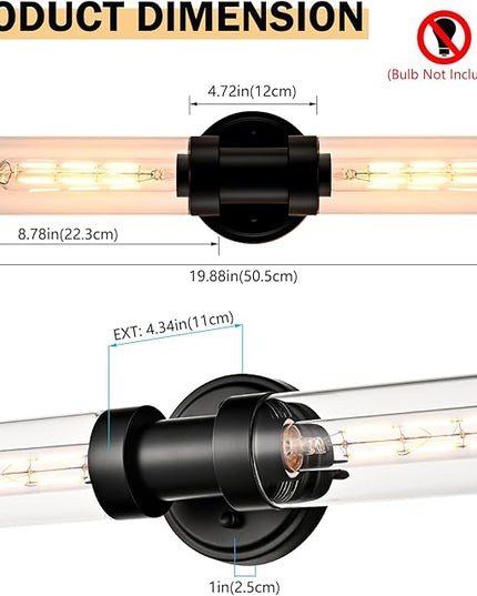 Farmhouse Black Wall Sconce 2-Light Cylinder Bathroom Vanity Lights with Clear Glass Shade 20-Inch Modern Matte Black Glass Sconces Wall Lighting for Bedroom Hallway Staircase