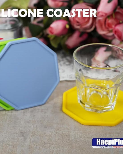6 Pieces Silicone Coasters, Octagon Shape Hot Cup Mat for Drinks, Heat Resistant Glass Cushion, Coffee Coaster for Table, Desk, Kitchen, Office, Bar Protection (Yellow)