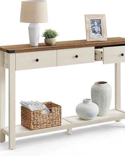 VASAGLE LIRY Collection - Console Table with 3 Drawers and Open Storage Shelf, Narrow Entryway Sofa Table for Living Room, Farmhouse Style, Metal Corners, Honey Brown and Rustic White ULNT142WJ02S