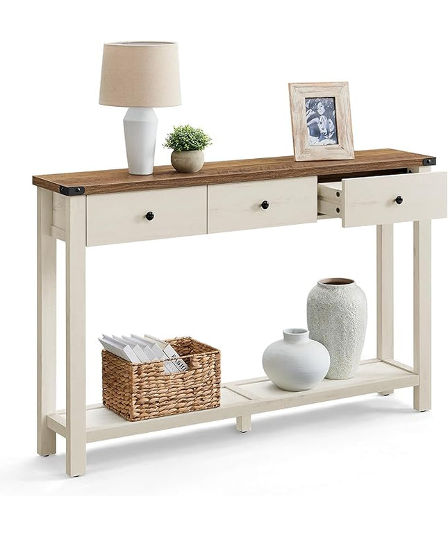 VASAGLE LIRY Collection - Console Table with 3 Drawers and Open Storage Shelf, Narrow Entryway Sofa Table for Living Room, Farmhouse Style, Metal Corners, Honey Brown and Rustic White ULNT142WJ02S