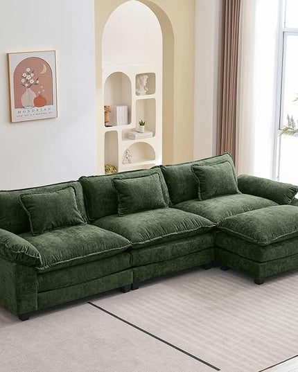 120" Modular Sectional Sofa, Comfy Cloud Couch Sectional Sofa with Ottoman, Chenille Sofa Sleeper Deep Seat Sofa with Throw Pillows for Living Room (Green, 120"- L Shape)