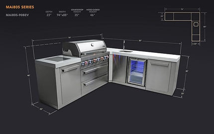 Mont Alpi MAi805-90BEV 44-inch 6-Burner 115000 BTU 90 Degree Corner Stainless Steel Gas Outdoor Kitchen Bar Barbecue Island Grill w/Wine Cooler Beverage Center Refrigerator + Faucet & Sink + Storage