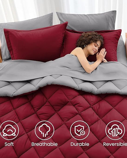MUXHOMO 7 Pieces California King Comforter Set, Reversible Bed in a Bag Cal King Size, All Season Bedding Set with Comforter, Flat Sheet, Fitted Sheet, Pillowcases & Shams, Burgundy & Grey