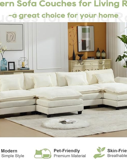 154" Modular Sectional Sofa, Comfy Cloud Couch Sectional Sofa with Ottoman, Chenille Sofa Sleeper Deep Seat Sofa with Throw Pillows for Living Room (Beige White, 154"- U Shape)