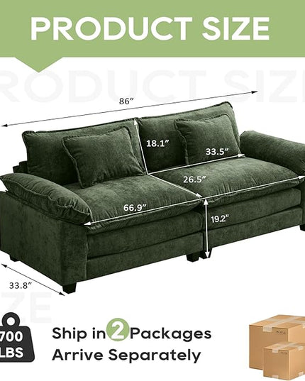 86" Modular Sectional Sofa, Comfy Cloud Couch Sectional Sofa, Chenille Sofa Sleeper Deep Seat Sofa with Throw Pillows for Living Room (Green, 86"- Loveseat)
