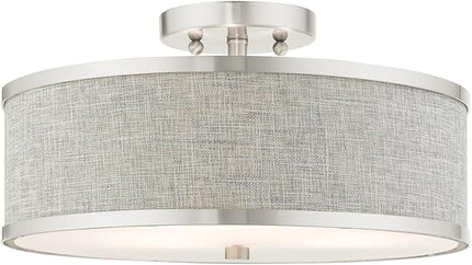 Livex Lighting 60423-91 Park Ridge Collection 3-Light Semi Flush Mount Ceiling Light with Oatmeal Color Hardback Fabric Shade, Brushed Nickel, 15 x 15 x 8
