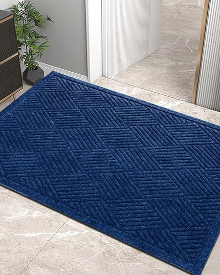 Sturdy Front Door Mat, Absorbent Muddy Dirt Resist Welcome Door Mats Outdoor Indoor, Stain and Fade Resistant, Non-Slip Rubber Backing Low Profile Doormat for Entryway, 36×24, Blue