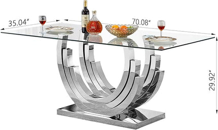 Henf 70'' Tempered Glass Dining Table for 4-6 People, Clear Tabletop and Sturdy Silver Stainless Steel Base, Large Dining Room Table for 6, Glass Kitchen Dinner Table for Family