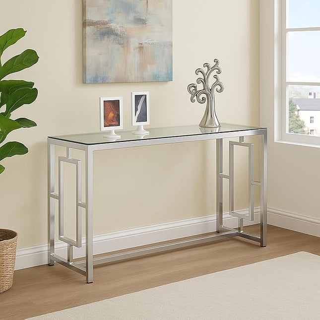 CARTESIAN Modern Glass Top Console Table with Chrome Metal Geometric Base, 47.25 x 15.75 x 27.5 Inches, Clear Tempered Glass, Entryway Sofa Accent Table