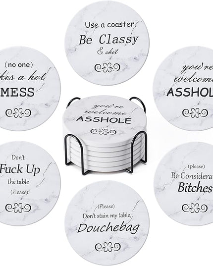 Hoewina 6Pcs Drink Coasters with Holder, Marble Style Ceramic Drink Coaster, Absorbent Coasters Set Suitable for Kinds of Cups, Modern Style Coasters for Coffee Table, 4 Inches（Style 10）