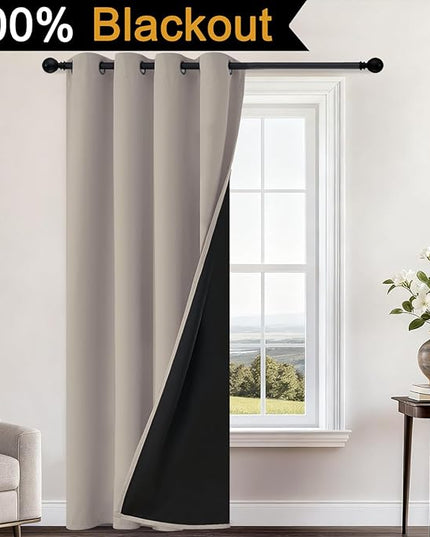 Yakamok 100% Blackout Curtains 84 Inches Long, 2 Thick Layers Heat and Full Light Blocking Soft Thermal Insulated Drapes for Bedroom(52" Wide Each Panel, Natural, 1 Panel)