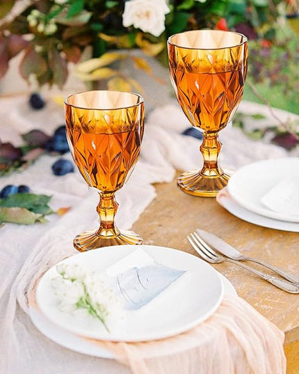 12 Pack Vintage Wine Glasses, Plastic Reusable 12 Ounce Colored Water Goblets, Unique Embossed Pattern Unbreakable Stemmed Wine Glasses High Clear Wedding Party Bar Drinking Cups Amber