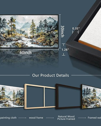 PHAOHUAXM Large Canvas Printing Artworks Wall Art For Bedroom Wall Decor For Living Room Office Home Decor Rivulet View Painting Forest Tree Landscape Watercolour Pictures Black Framed 30x60 In