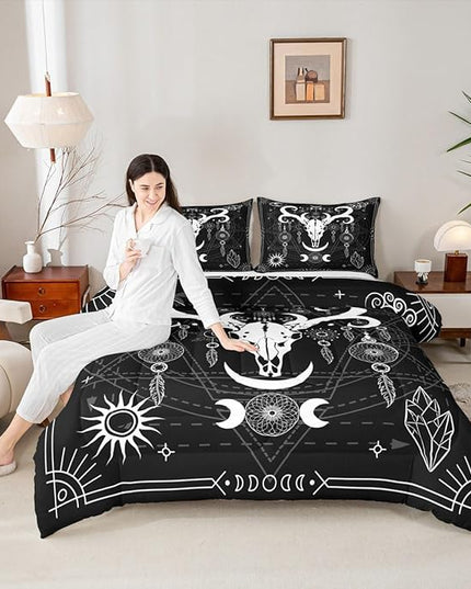 Bull Cow Skull Kids Comforter Set Queen Size,Sun Moon Starry Sky Galaxy Trippy Bedding Set,Boys Girls Adults Room Decor,Dreamcatcher Bohemia Down Comforter,Black White Duvet Insert,2 Pillowcases
