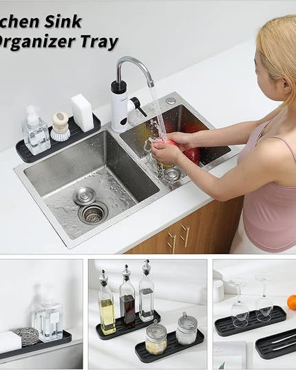 Silicone Kitchen Sink Organizer Tray for Multiple Usage,Eco-Friendly Sponges Holder for Kitchen Bathroom Counter or Sink,Dish Soap Dispenser,Scrubber,Bottle,Cup (Black, 12"×4")
