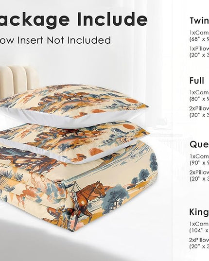 Comforter Set Twin Size, Vintage Western Cowboy Soft 2 Pcs Bedding for Kids and Adults West Horse Desert Comforter Set with Pillowcase for Bedroom Bed Decor