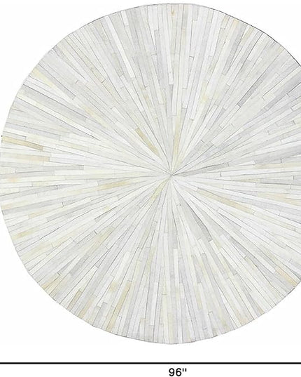 Premium Cowhide Leather Hand Made Stripes Patterned Round Area Rug - 8X8 ft - White, Premium Hand Made House Carpet for Living Room, Bedroom, Entryway