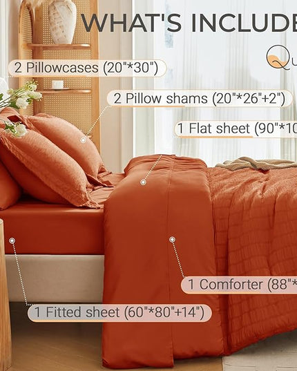MUXHOMO 7 Pieces Queen Comforter Set, Seersucker Bed in a Bag Queen Size, All Season Luxury Bedding Set with Comforter, Flat Sheet, Fitted Sheet, Pillowcases & Shams, Burnt Orange