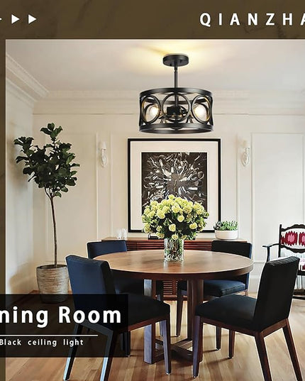 Farmhouse Semi Flush Mount Ceiling Light,3-Light Industry Black Sloped Ceiling Light Fixtures D13 Inches Drum Metal Light Fixture for Entryway Foyer Hallway Kitchen Dining Room
