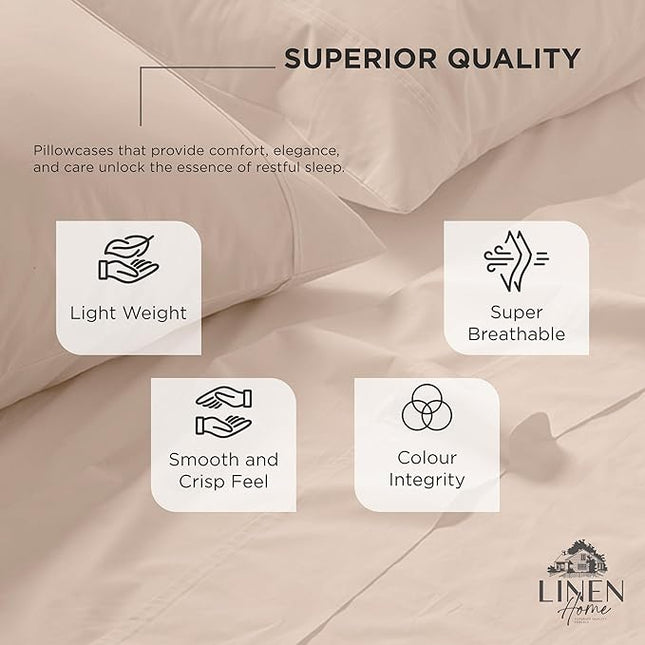 Linen Home 100% Cotton Percale Pillowcases King Size, Sand Shell, 2 Pieces of Pillow Case, Crisp and Cool Strong Bed Linen, 20 inches X 40 inches