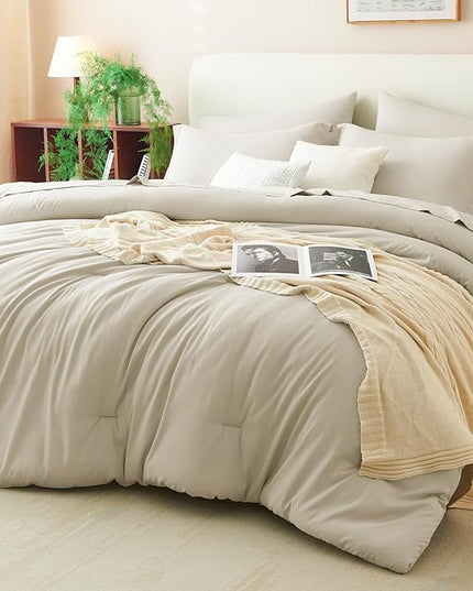 CozyLux Queen Comforter Set Oatmeal, 7 Pieces Bed in a Bag Soft Bedding Comforter Set with Sheets, All Season Boho 7PC Bed Sets with Comforter, Fitted Sheets, Flat Sheets, Pillow Shams and Pillowcases