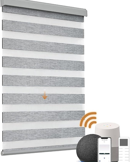 Cordless Motorized Zebra Blinds for Windows Blackout with Remote, Custom Dual Layer Smart Zebra Shades Work with Alexa Google, Automatic Electric Light Filtering Roller Sheer Shades, Grey
