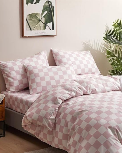 Houseri Pink Plaid Comforter Set Full White and Light Pink Buffalo Checkered Bedding Full Size Teen Girls Baby Pink Checkerboard Dorm Bed Quilt Soft Comfy Preppy Pale Pink Grid Comforters Full