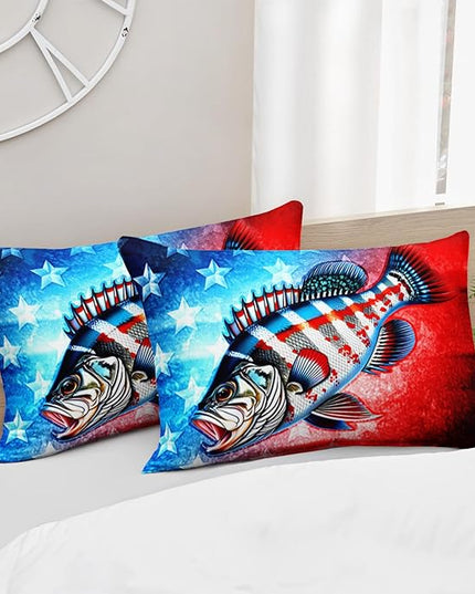 AILONEN Pike Fish Bedding Set Full Size - Red and Blue Bass Big Fishing Comforter Set with 2 Pillowcases,3-Piece Hunting Bedding