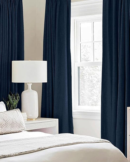 MIULEE Linen Textured Curtains for Bedroom Solid 100% Blackout Thermal Insulated Midnight Blue Grommet Room Darkening Curtains & Drapes Luxury Decor for Living Room Nursery 52 x 63 Inch (2 Panels)