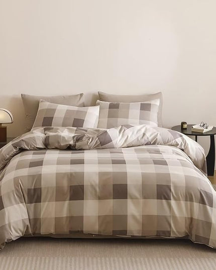 Luxlovery Checkered Khaki Beige Comforter Set King Gingham Bedding SetWomen Men Bedding Grid Bedding Set Fluffy Soft Cottagecore Khaki and Cream Coffee Blanket Quilts with 2 Pillowcases King Bed