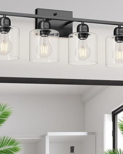Modern 4 Light Bathroom Light Fixtures, 24 inch Black Vanity Lights for Bathroom with Clear Glass, Bathroom Vanity Light for Mirror Kitchen Living Room Hallway Cabinet Porch