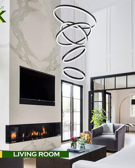 5-Rings Modern LED Chandelier Black High Ceiling Chandelier with Remote Control Dimmable Pendant Lighting for Dining Room Foyer Living Room Entryway Staircase(3000K-6500K, D23.6’’)